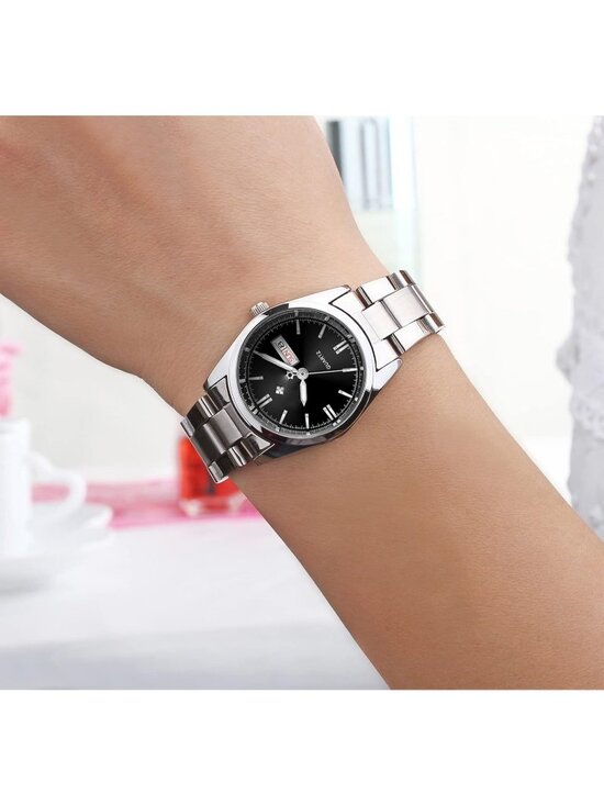 Womens Black Dial Analog Quartz Silver Stainless Steel Luminous Waterproof Watch main image 6